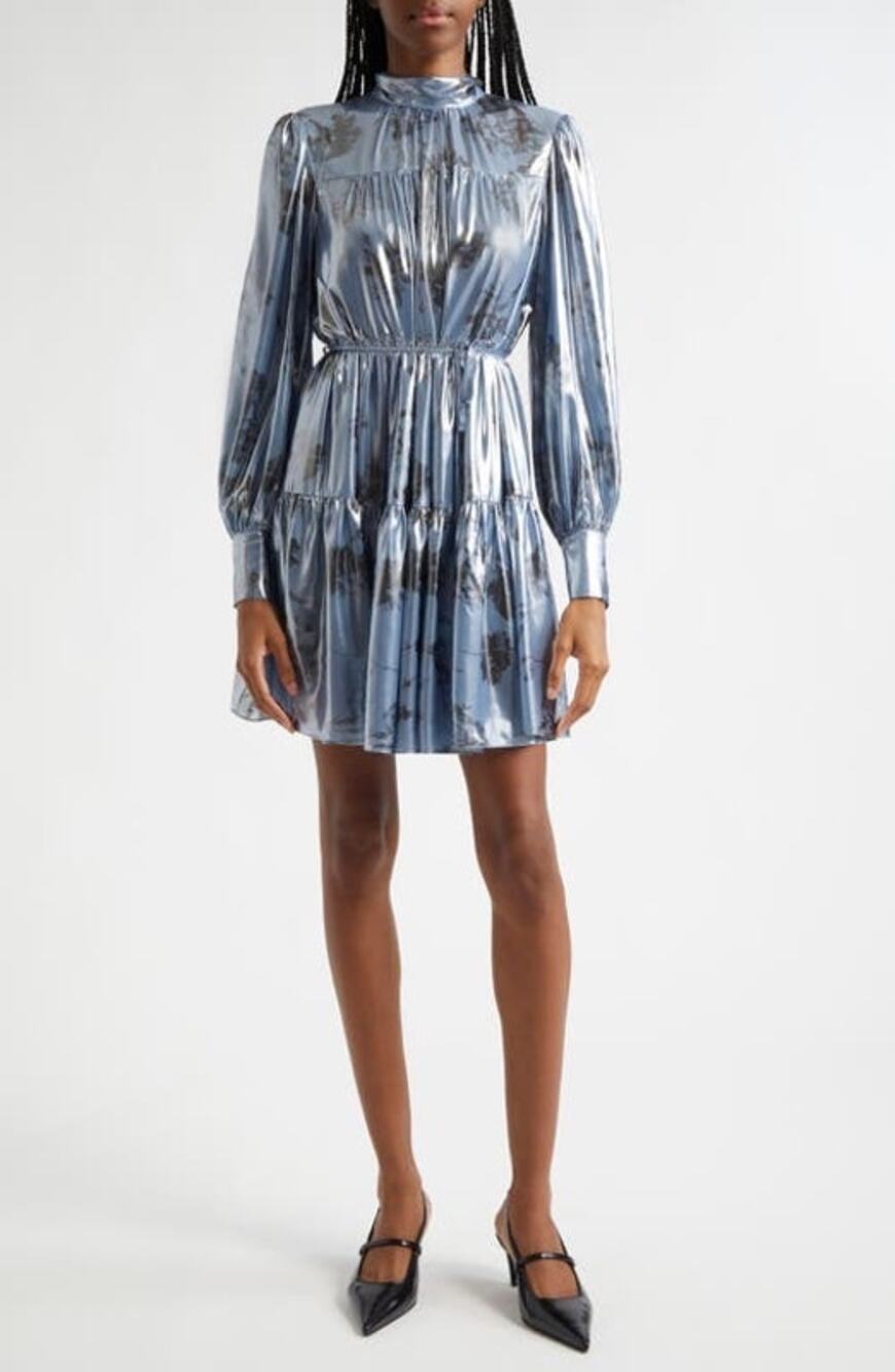 NWOT Cinq a Sept Farha Metallic Floral Long Sleeve Tiered Dress Size 2